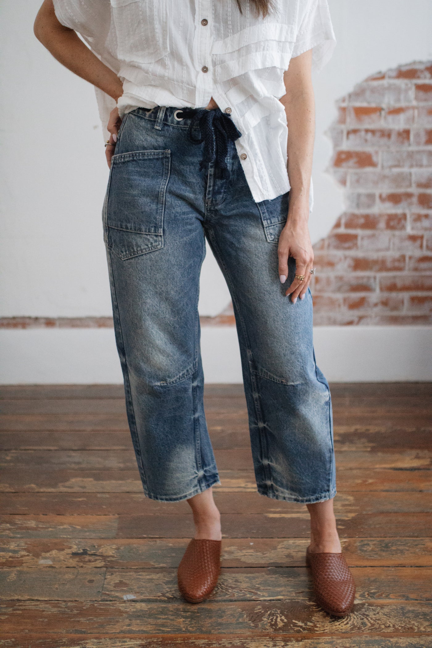 Barrel Jeans with Tie Waist | Medium Wash