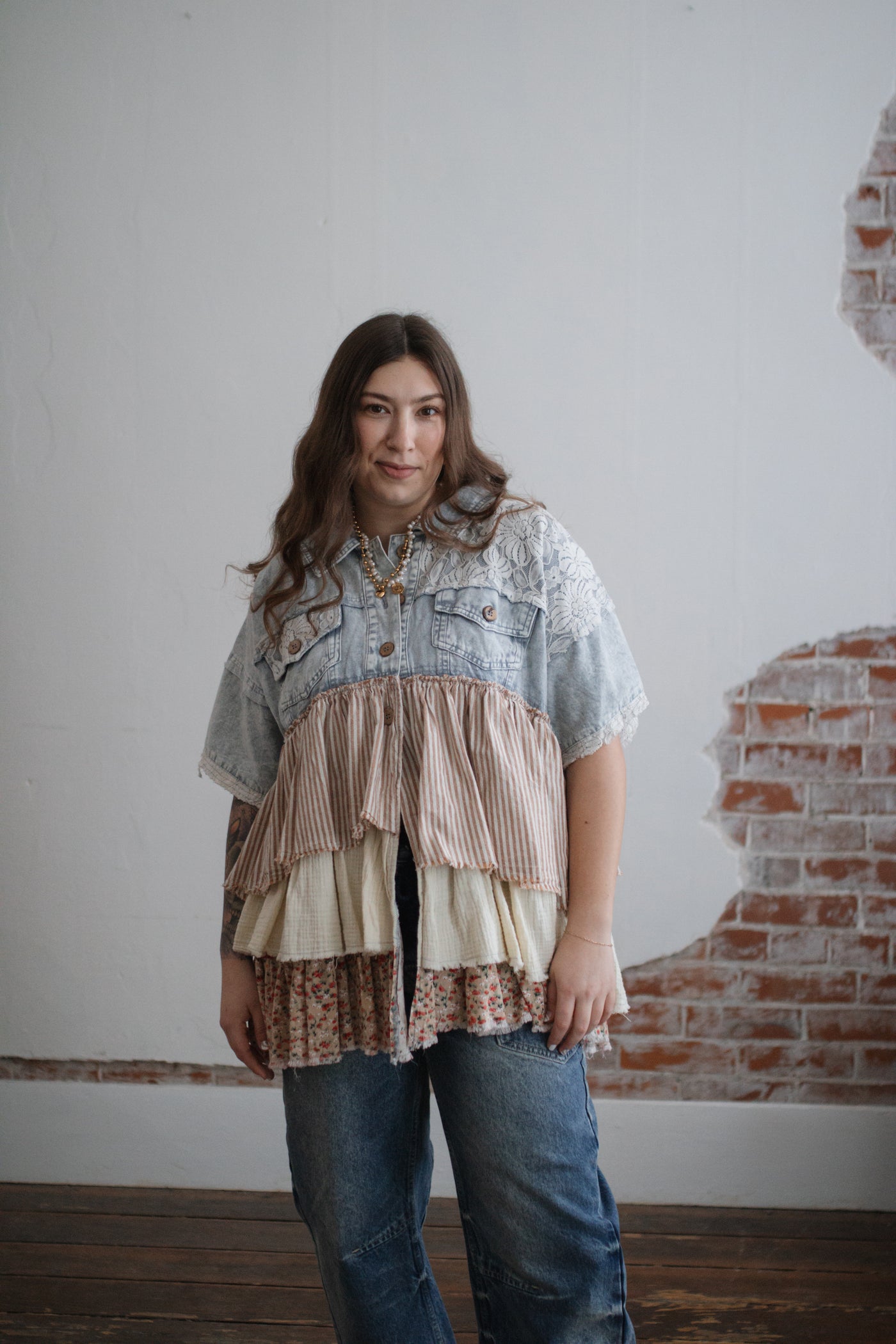 Macy Denim + Lace Ruffle Top