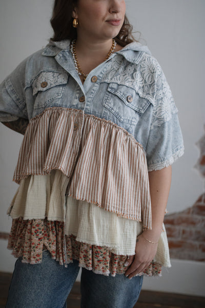 Macy Denim + Lace Ruffle Top