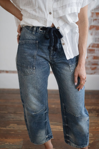 Barrel Jeans with Tie Waist | Medium Wash