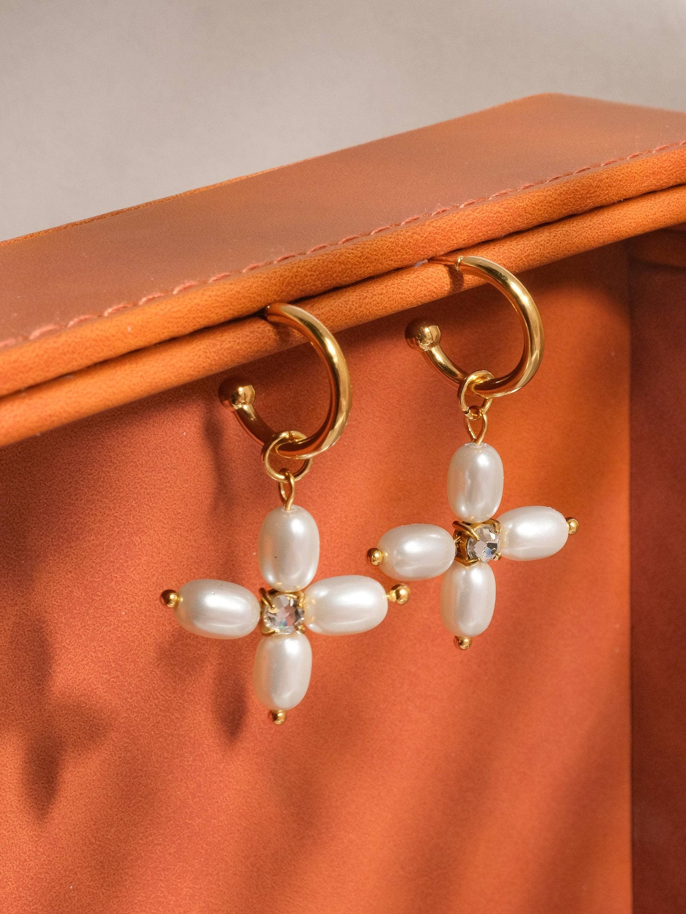 Chandler 18K Non-Tarnish Pearl Cross Hoop Earring