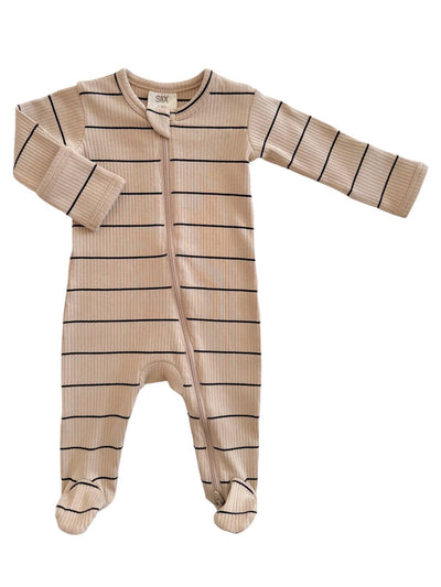 Organic Ribbed Zip Footie | Tan/Black Stripe