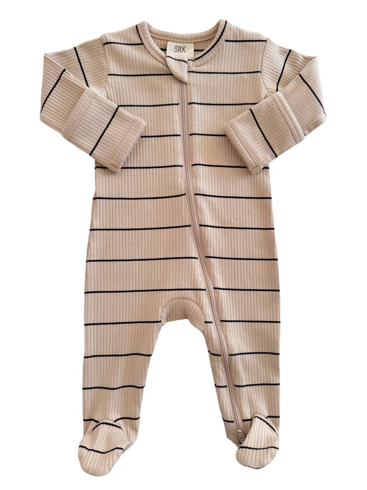 Organic Ribbed Zip Footie | Tan/Black Stripe