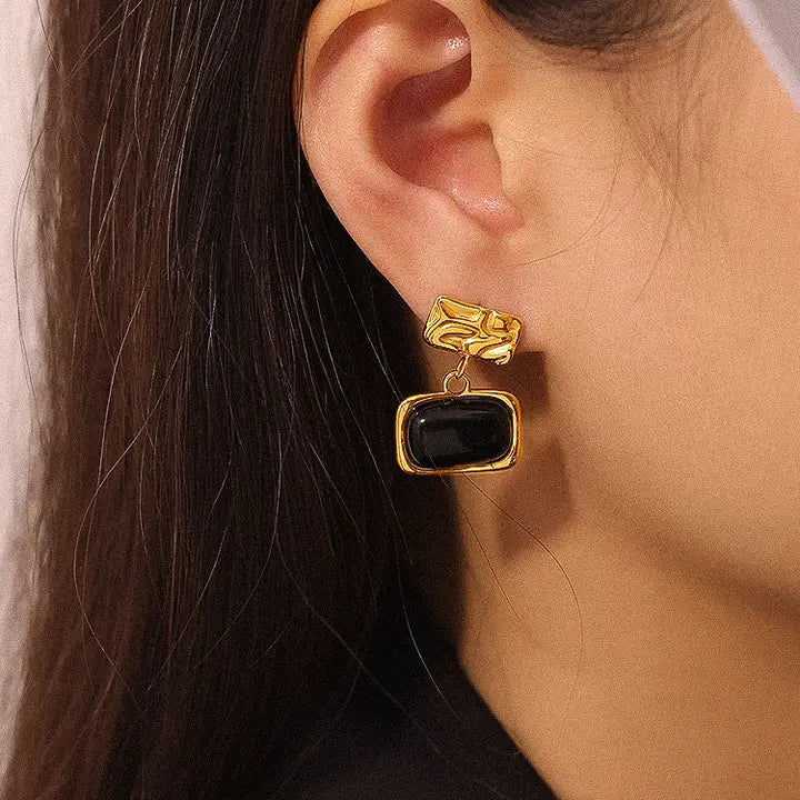 Camille Non-Tarnish Black Stone Earring