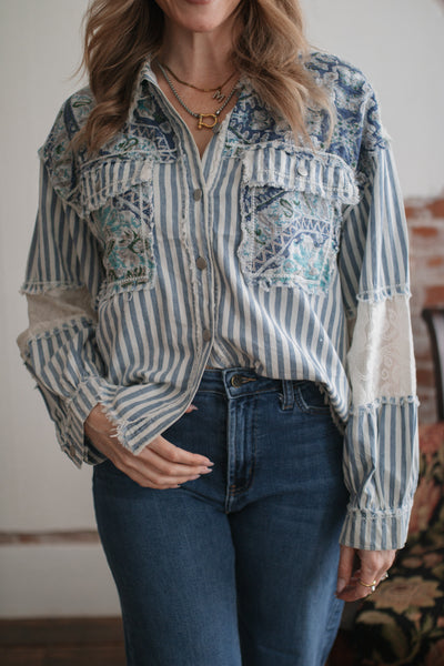 Everly Striped Lace Button Down Top