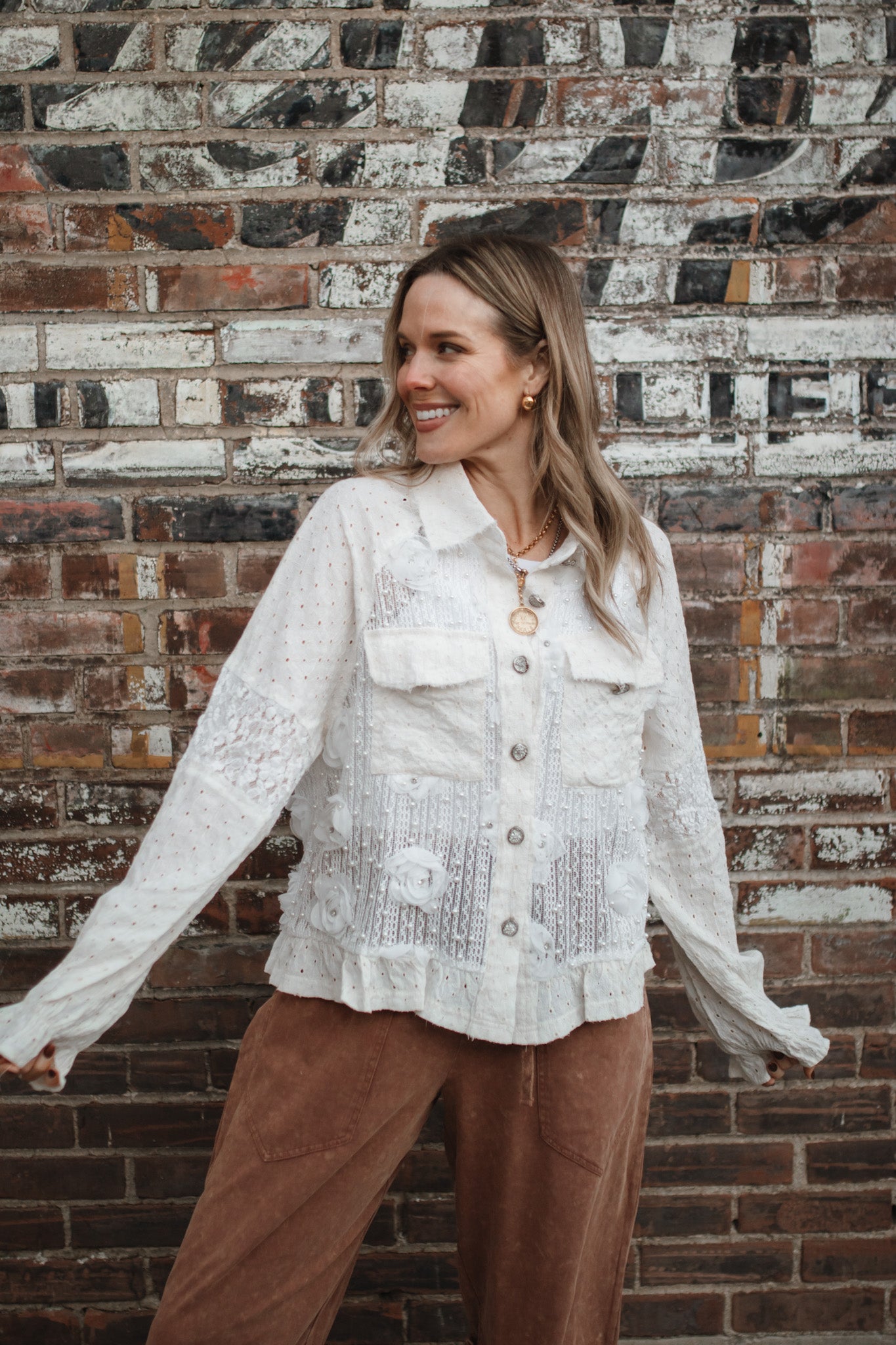 Freye Pearl Lace Button Down Blouse | White