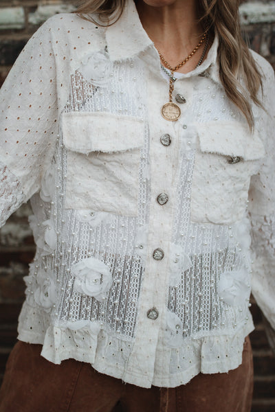 Freye Pearl Lace Button Down Blouse | White