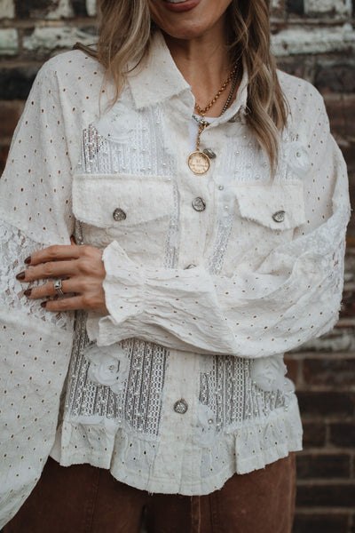 Freye Pearl Lace Button Down Blouse | White