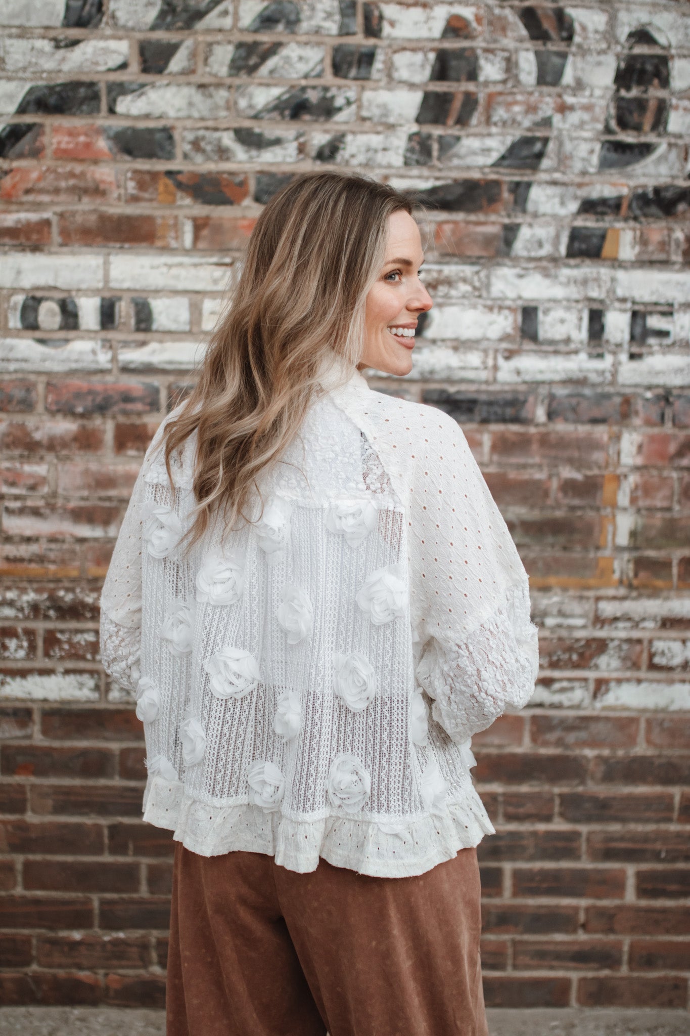 Freye Pearl Lace Button Down Blouse | White