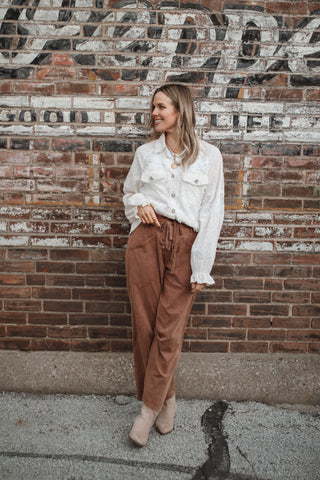 Freye Pearl Lace Button Down Blouse | White