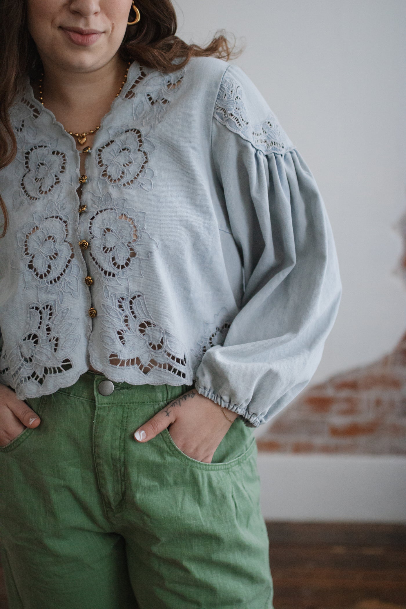 Charlotte Embroidered Denim Blouse | Light Wash