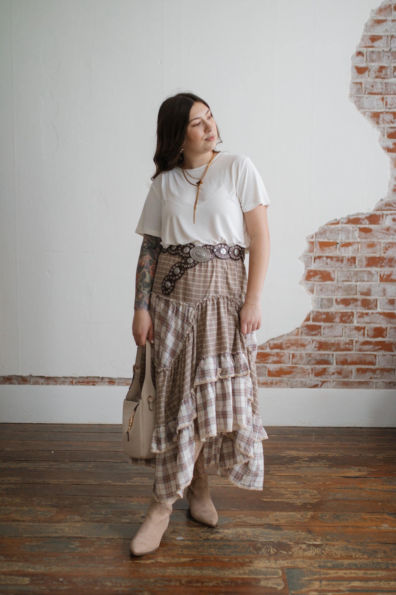 Sadie Plaid Ruffle Midi Skirt