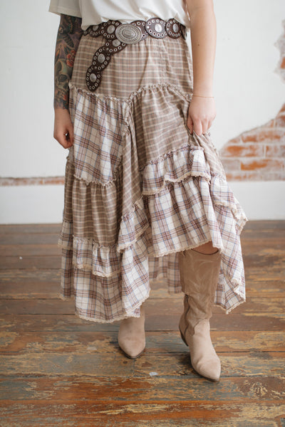 Sadie Plaid Ruffle Midi Skirt