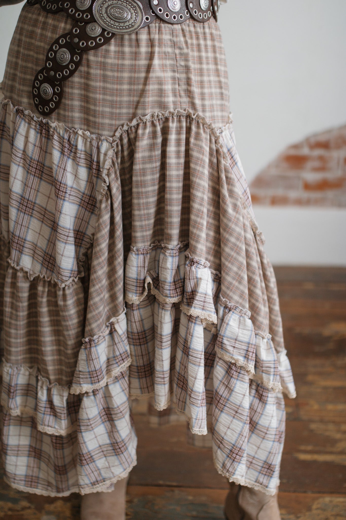 Sadie Plaid Ruffle Midi Skirt