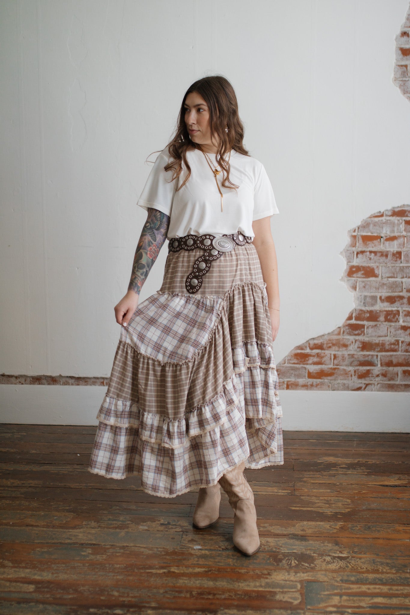 Sadie Plaid Ruffle Midi Skirt