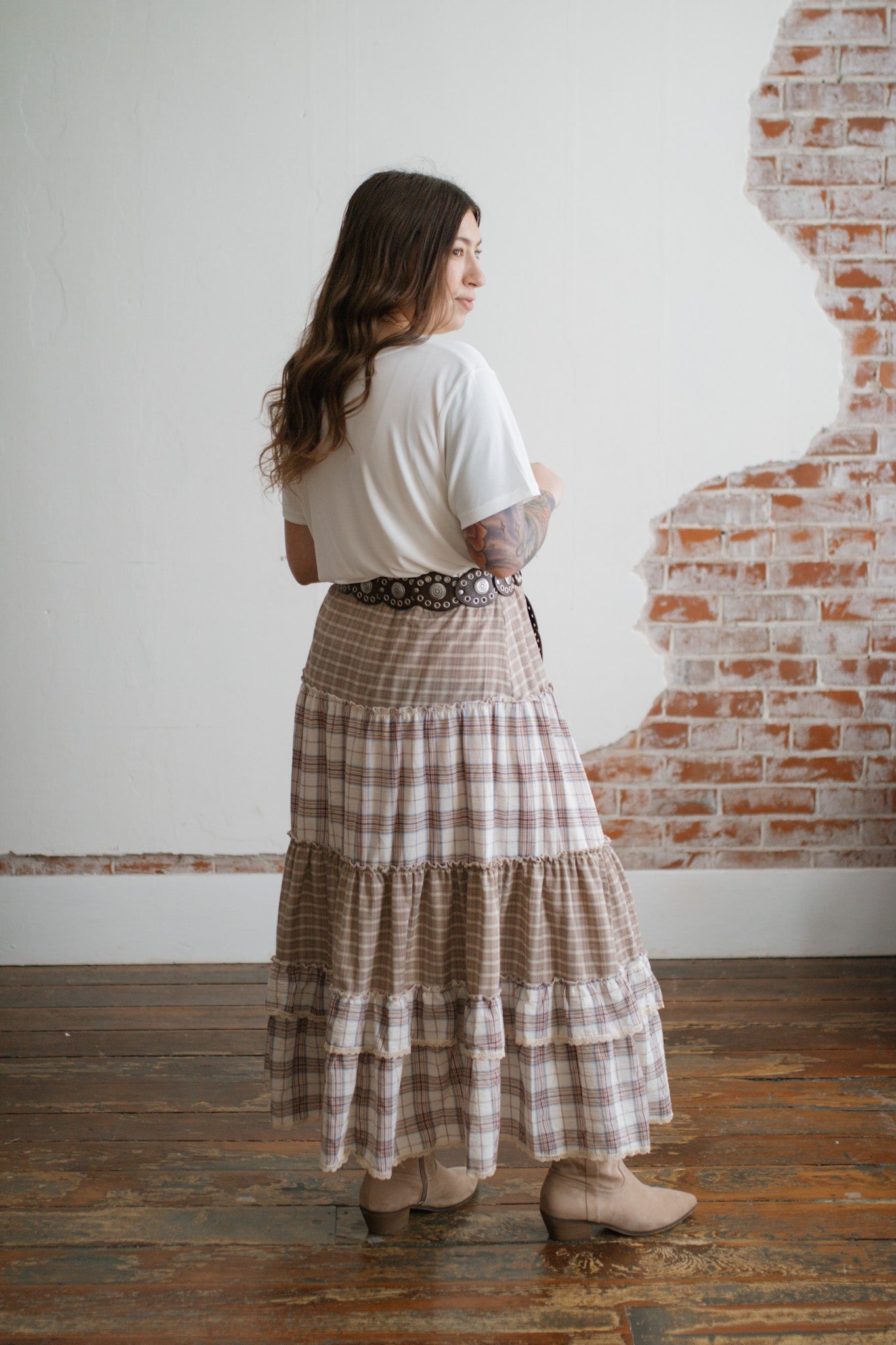 Sadie Plaid Ruffle Midi Skirt