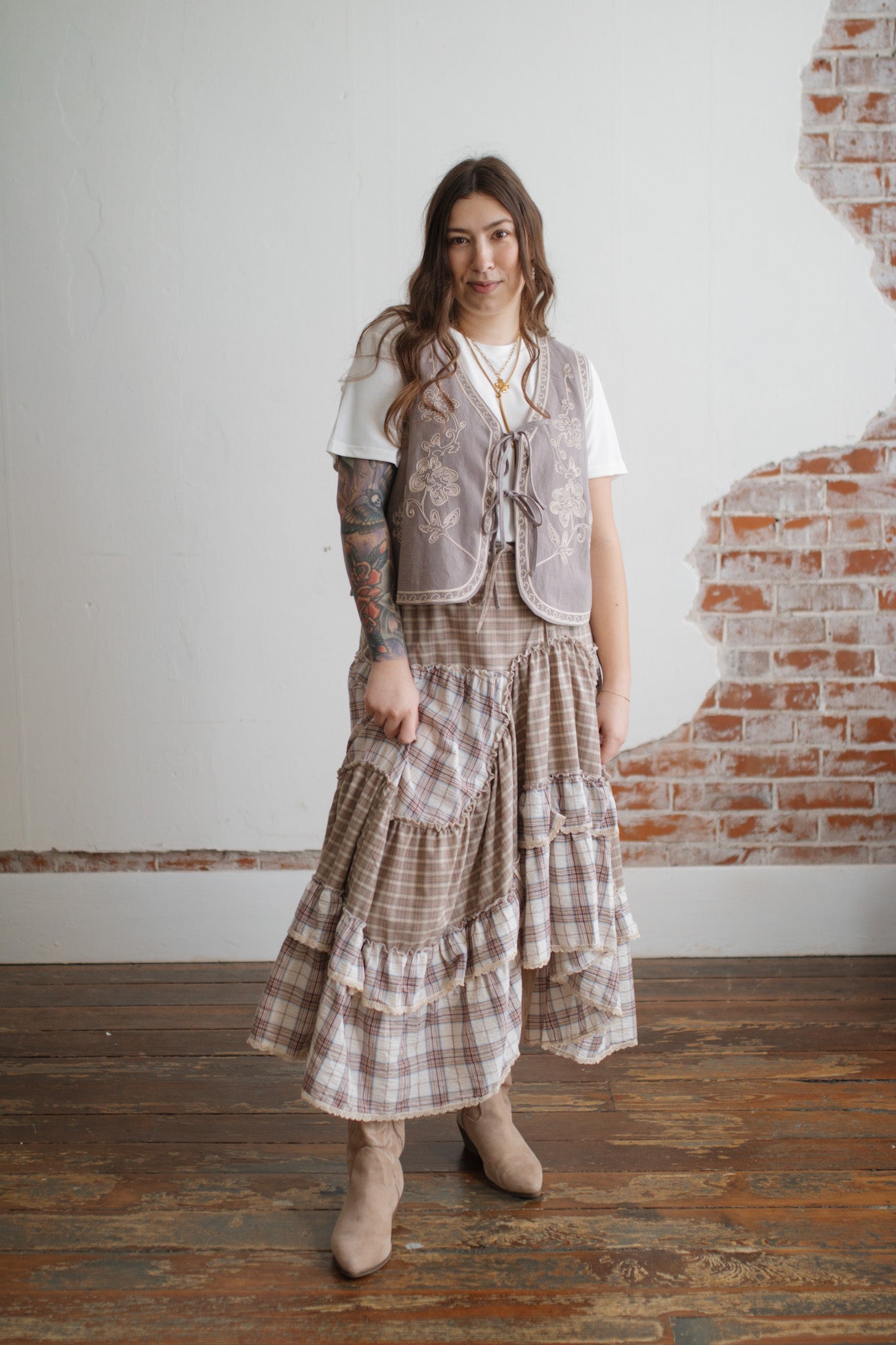 Sadie Plaid Ruffle Midi Skirt