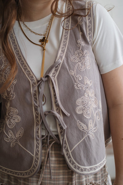 Lanie Embroidered Tie Front Vest