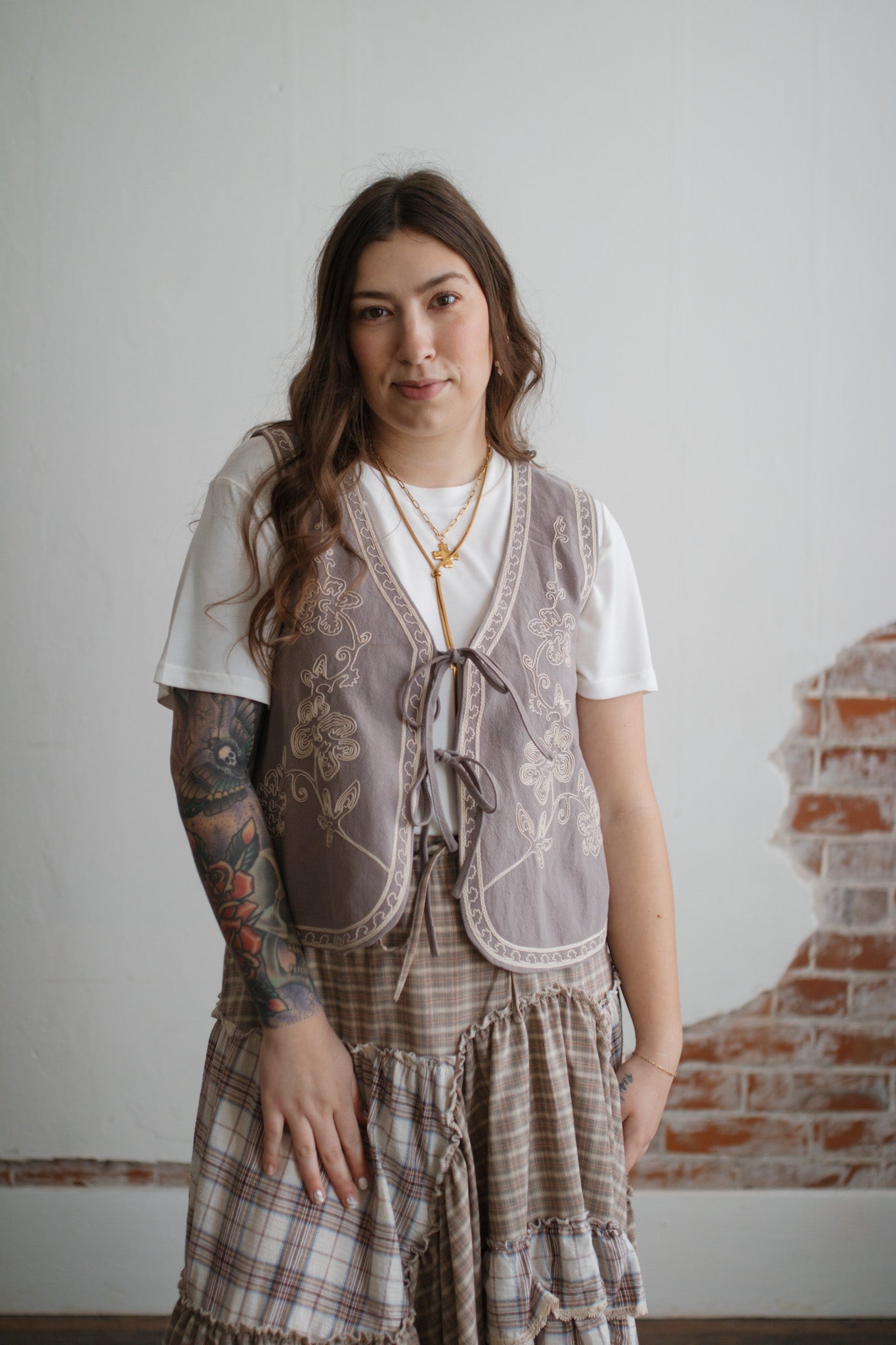 Lanie Embroidered Tie Front Vest