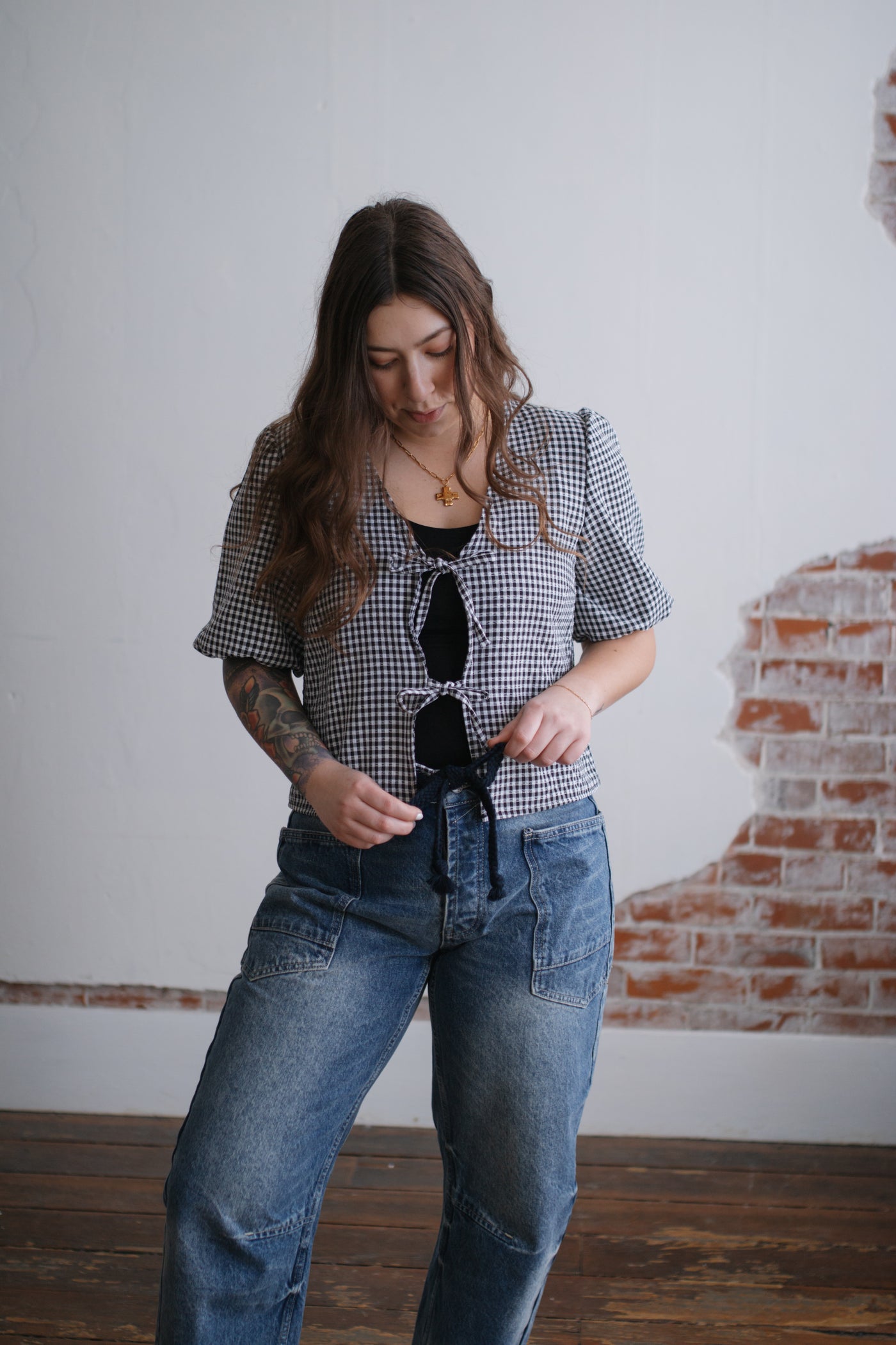 Loralie Gingham Tie Top | Black