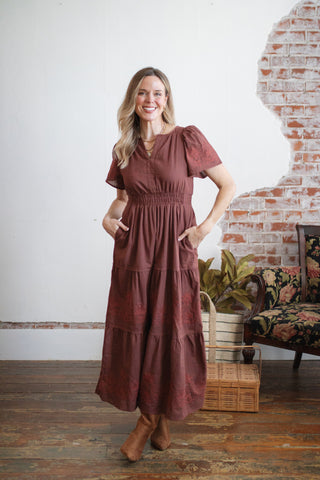 Kenzie Embroidered Midi Dress | Burgundy