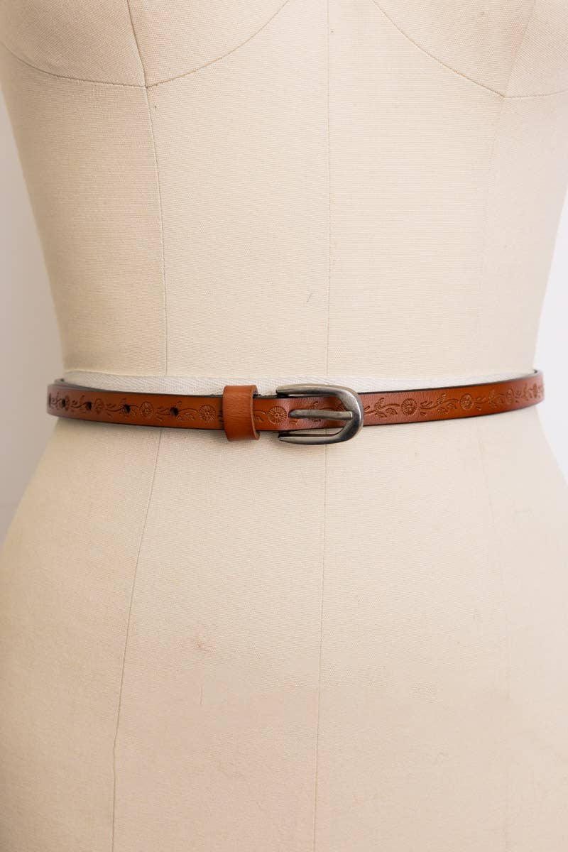 Maya Floral Embossed Skinny Leather Belt | Camel