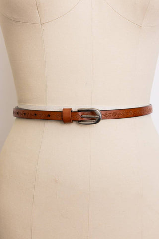 Maya Floral Embossed Skinny Leather Belt | Camel