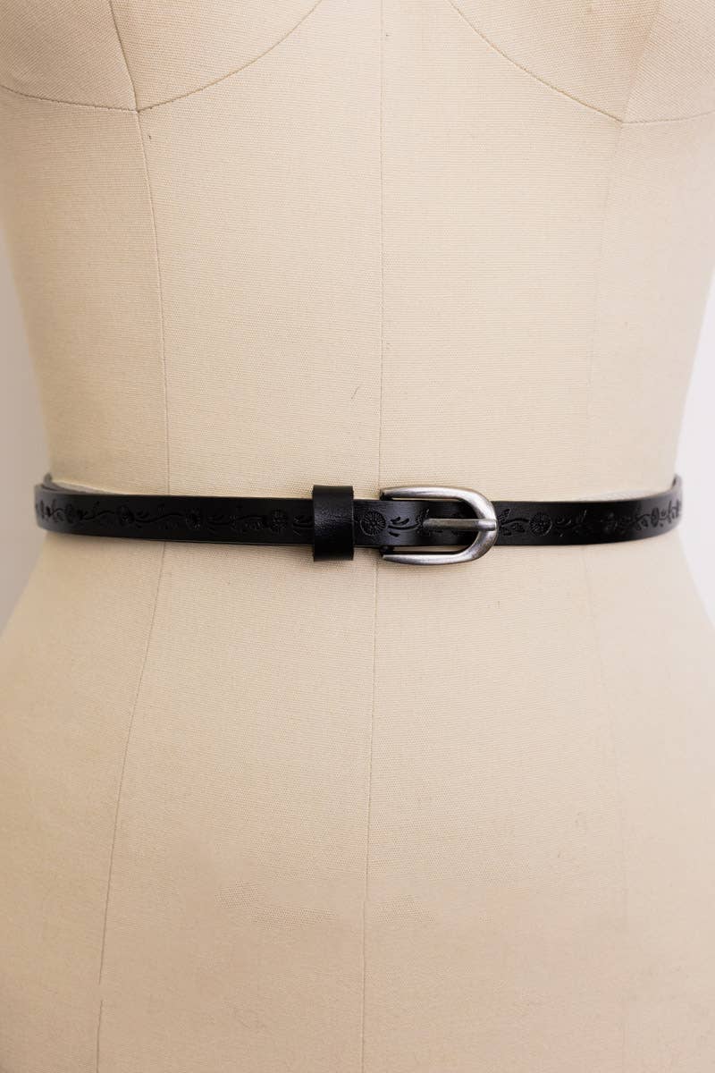 Maya Floral Embossed Skinny Leather Belt | Black