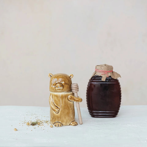 Stoneware Honey Bear + Honey Dipper